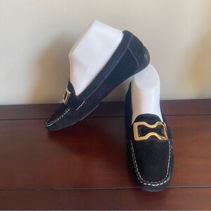 Classic Black Suede Loafers with Gold Buckle
